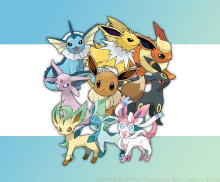 Eevee surrounded by its evolved siblings on a blue and green gradient background