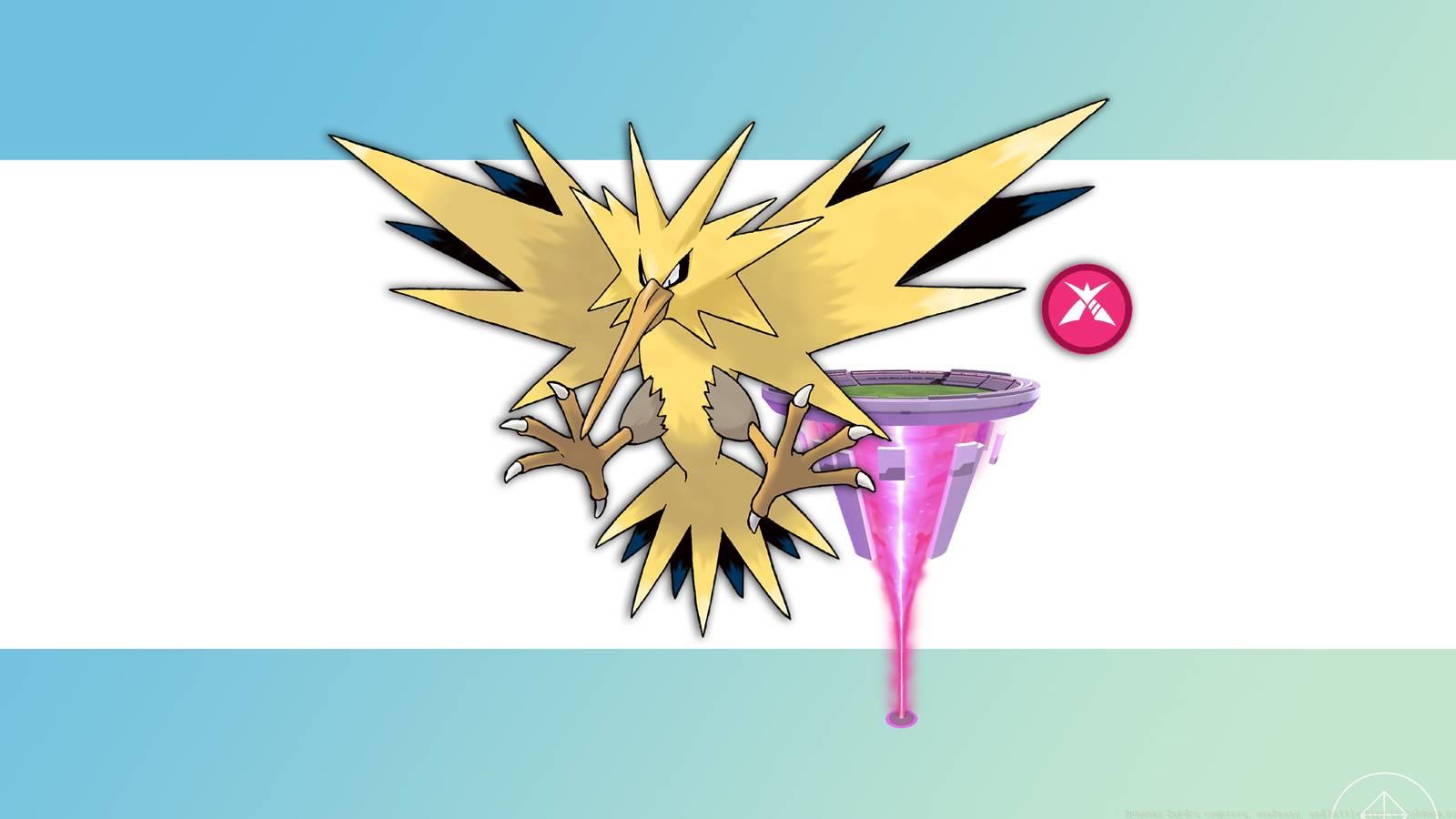 Zapdos in front of a Pokémon Go power spot.