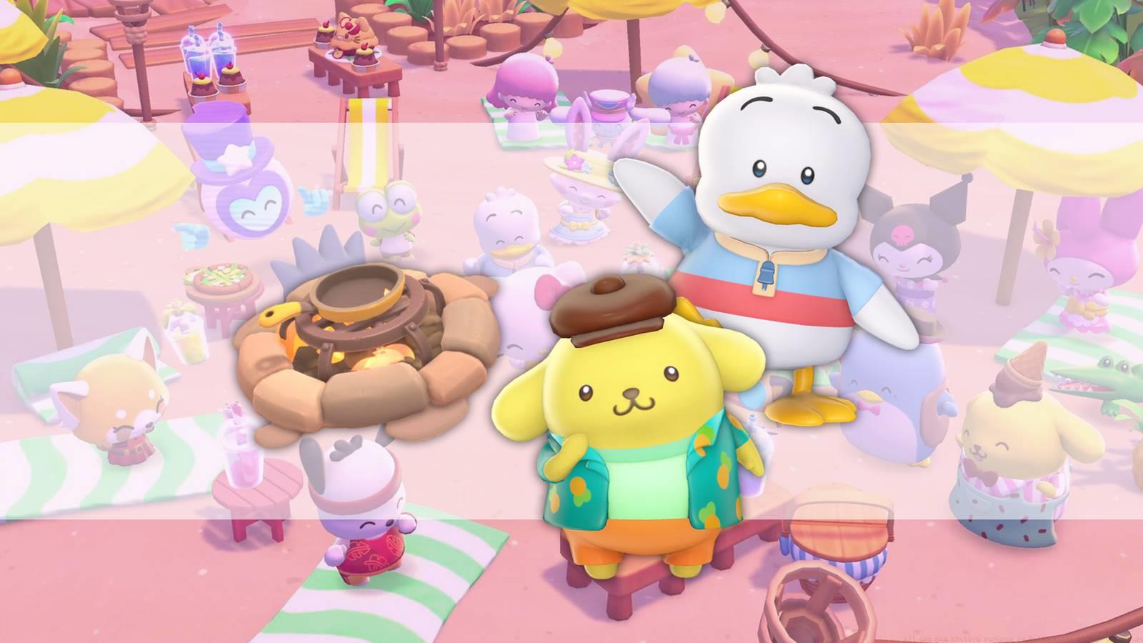 Pompompurin and Pekkle next to an egg pan in Hello Kitty Island Adventure.