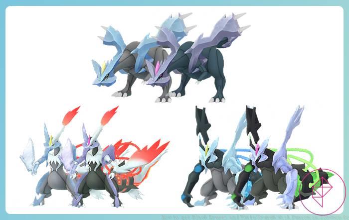 Shiny Kyurem compared to its normal form. Shiny Kyurem is more purple and has hot pink accents.