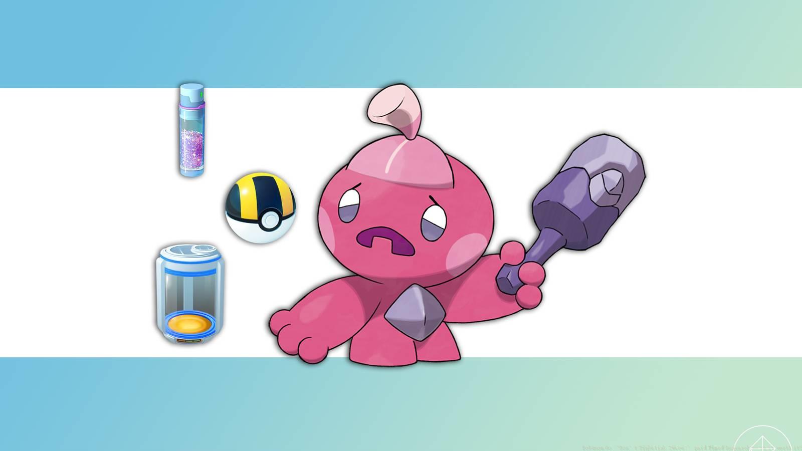 Tinkatink with an Ultra Ball, Stardust, and egg incubator