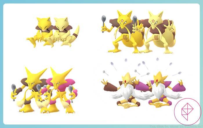 Abra, Kadabra, Alakazam, and Mega Alakazam with their shiny versions in Pokémon Go. Shiny Abra and Kadabra turn lighter, whereas Alakazam and Mega Alakazam get pink accents.
