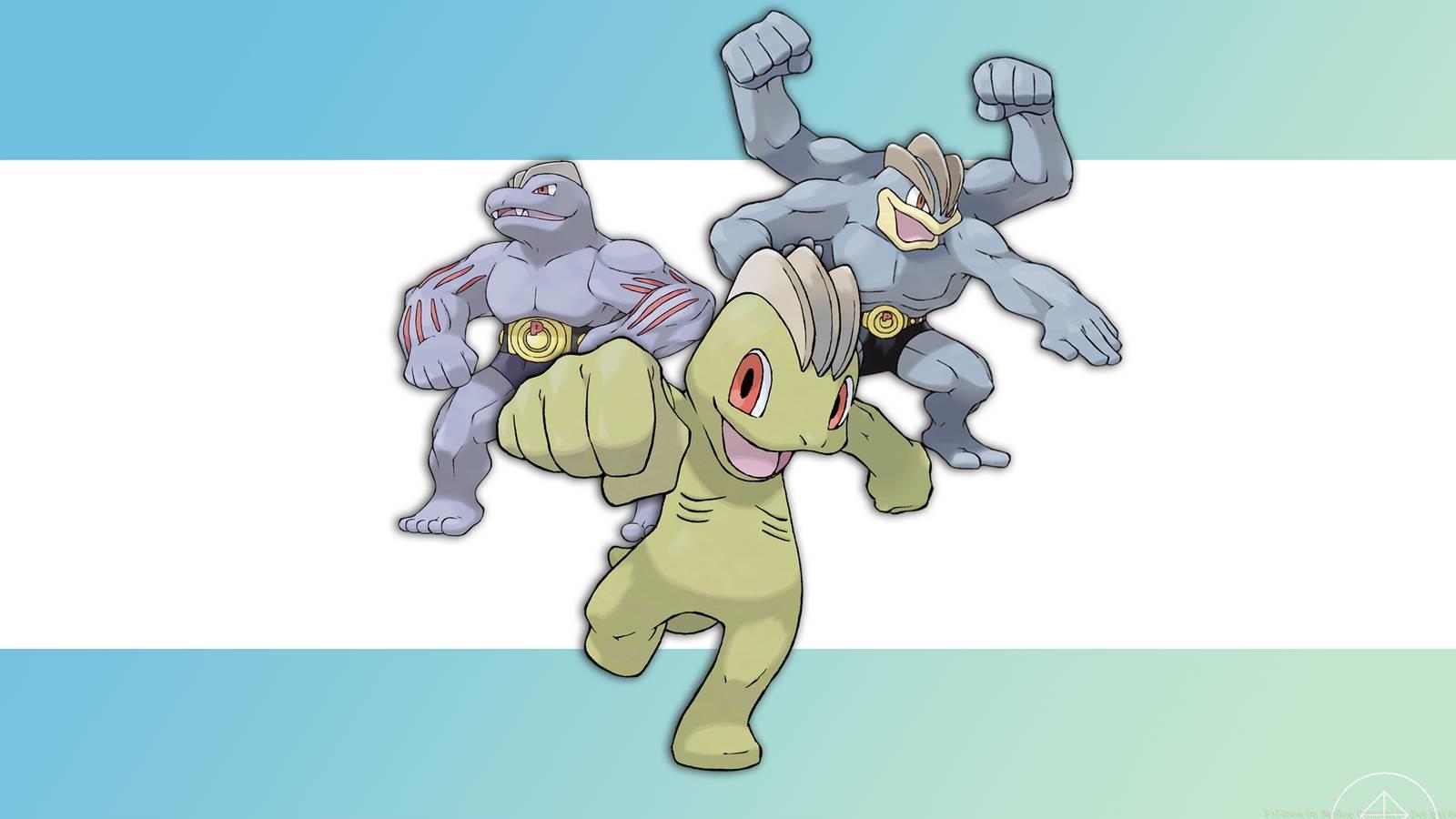 Shiny Machop in front of Machoke and Machamp