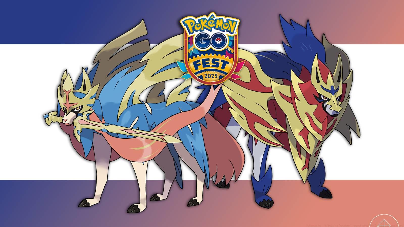 The Crowned forms of Zacian and Zamazenta with the Pokémon Go fest logo