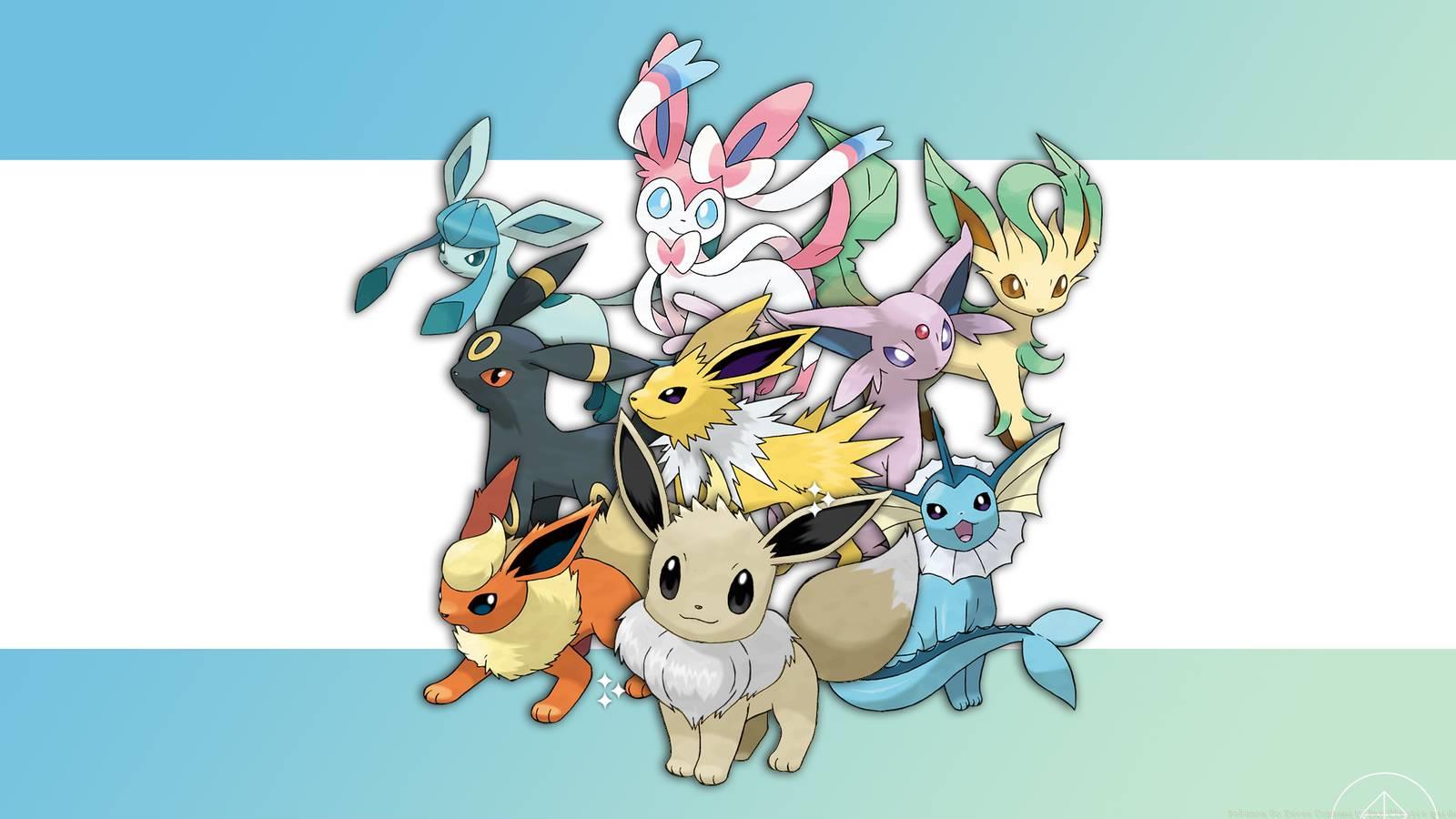 Shiny Eevee in front of all of its evolutions.