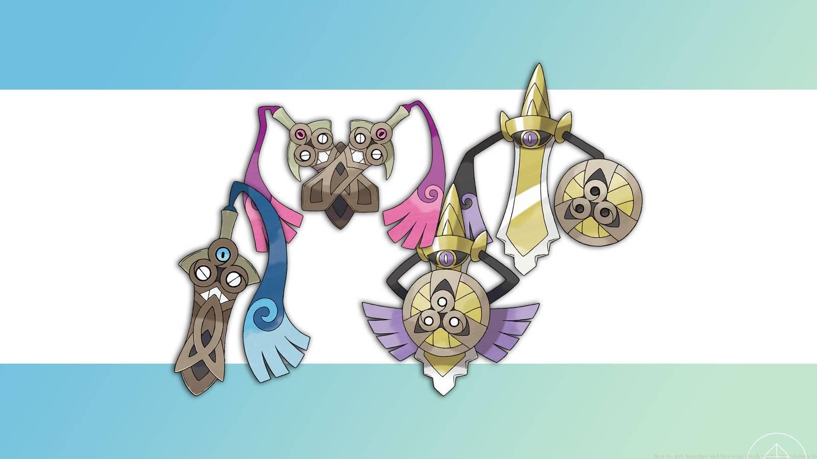 Honedge, Doublade, and Aegislash on a gradient background.