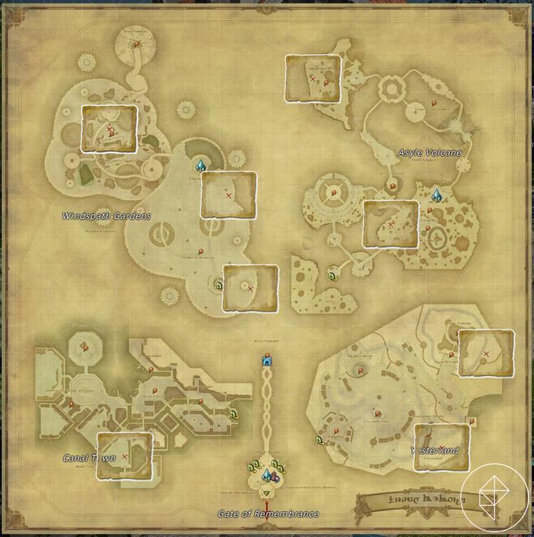A map of Living Memory in FFXIV, with red x's marking where to dig for treasure.