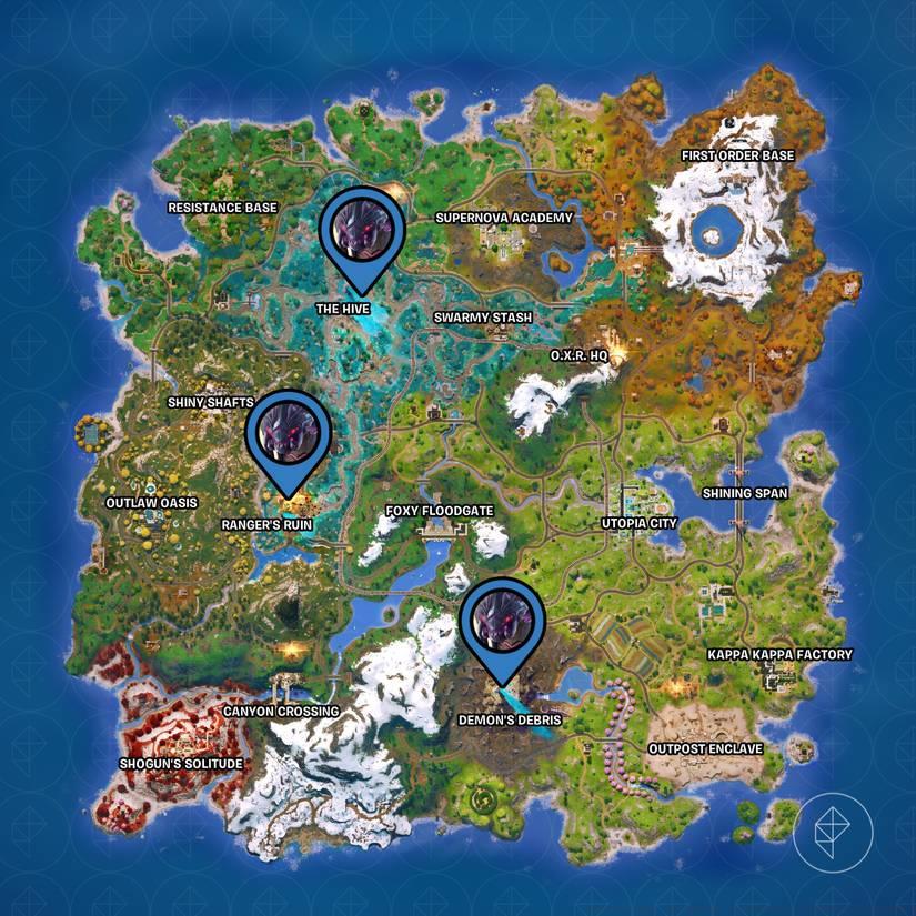 A map of the Chapter 6 Season 4 Fortnite Battle Royale map with three pins marking where to find the Queen.