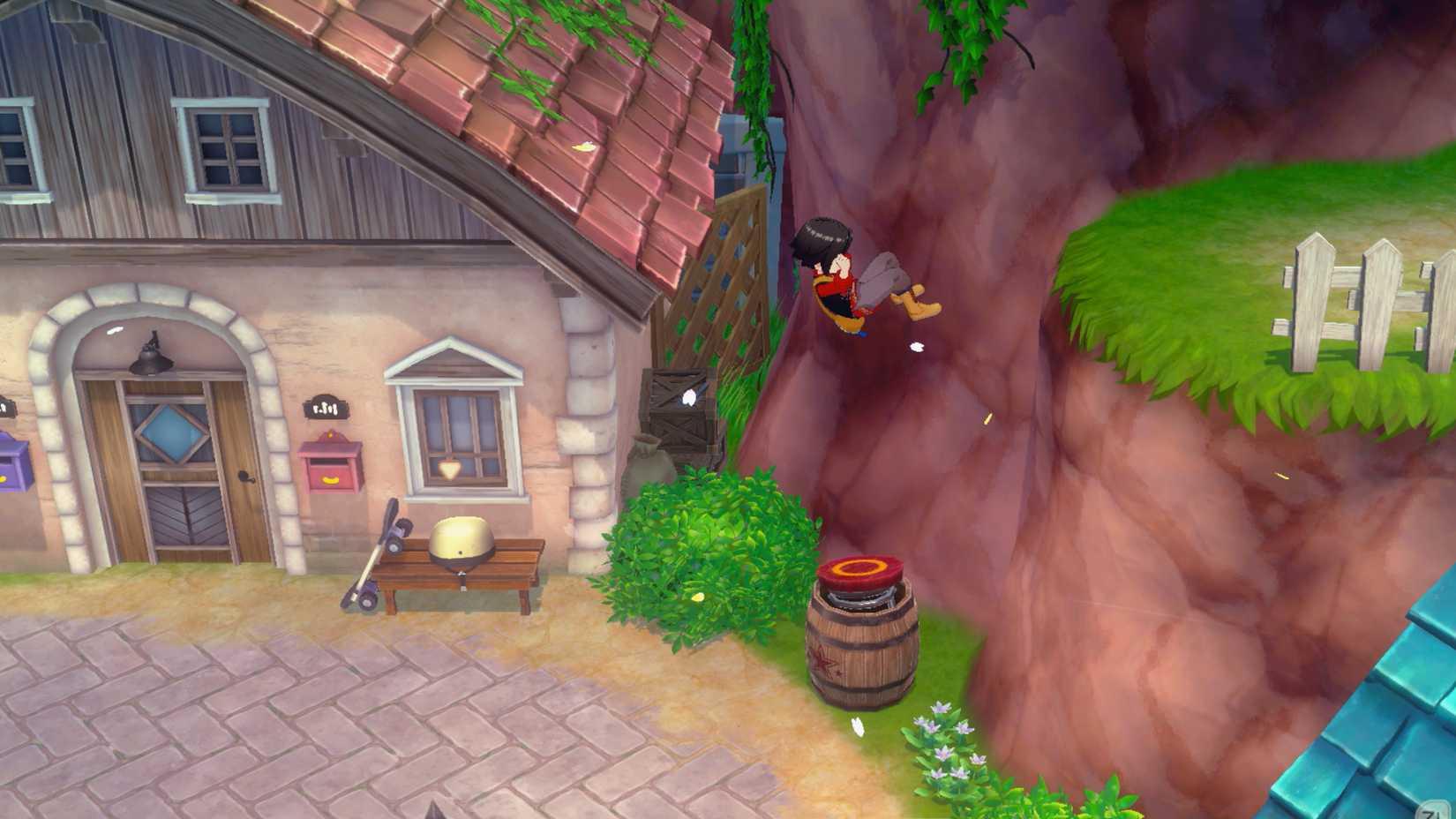The playable character jumping off of a bouncy barrel in Story of Seasons: Grand Bazaar.