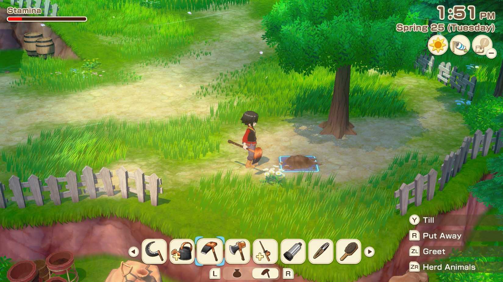 A farmer approaches a pile of dirt with a hoe in Story of Seasons: Grand Bazaar