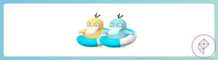 Psyduck and shiny Psyduck with a swim floaty. Shiny Psyduck is blue.