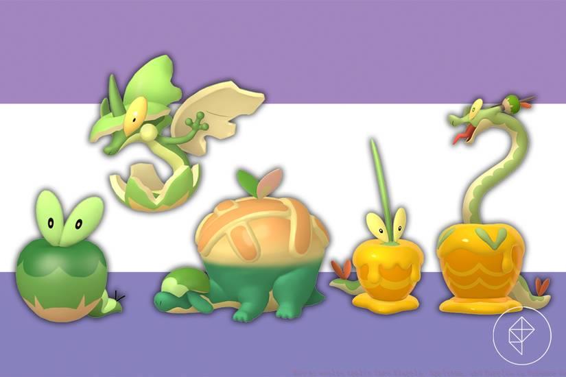 Shiny Applin, Flapple, Appletun, Dipplin, and Hydrapple as they appear in Pokémon Home.