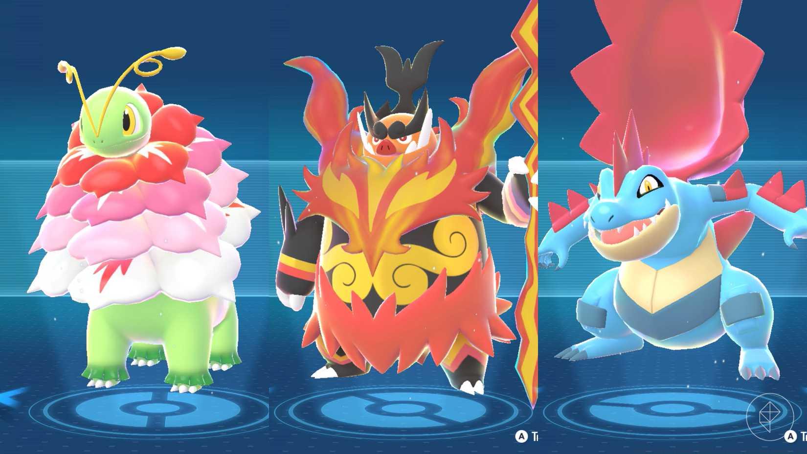 The Mega Evolutions of the three Pokémon Legends: Z-A starters: Mega Meganium, Mega Emboar, and Mega Feraligatr.