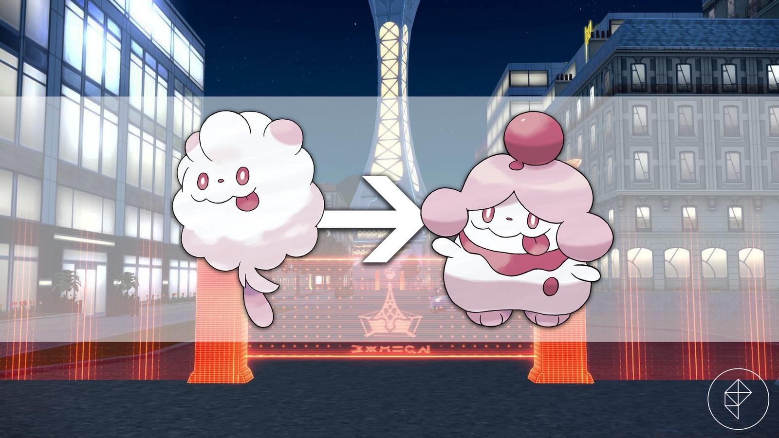 Swirlix with an arrow towards its evolution, Slurpuff
