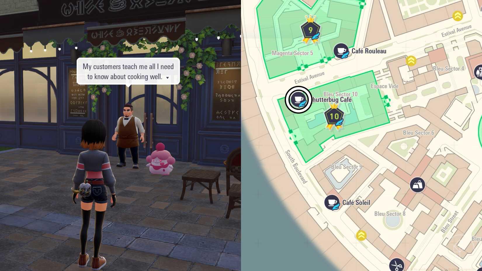 A man stands in front of a cafe with a Slurpuff in Pokémon Legends: Z-A.