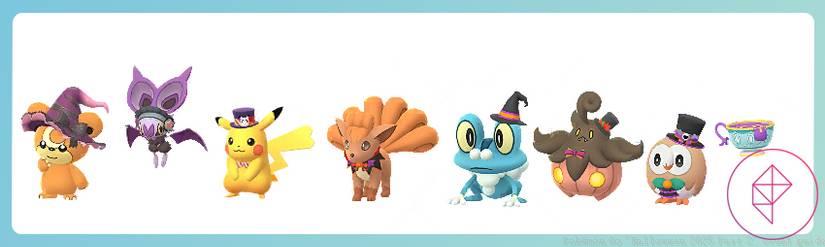 A variation of Pokémon in Halloween outfits: Teddiursa, Noibat, Pikachu, Vulpix, Froakie, Pumpkaboo, Rowlet, and then a plain Sinistea in Pokémon Go.
