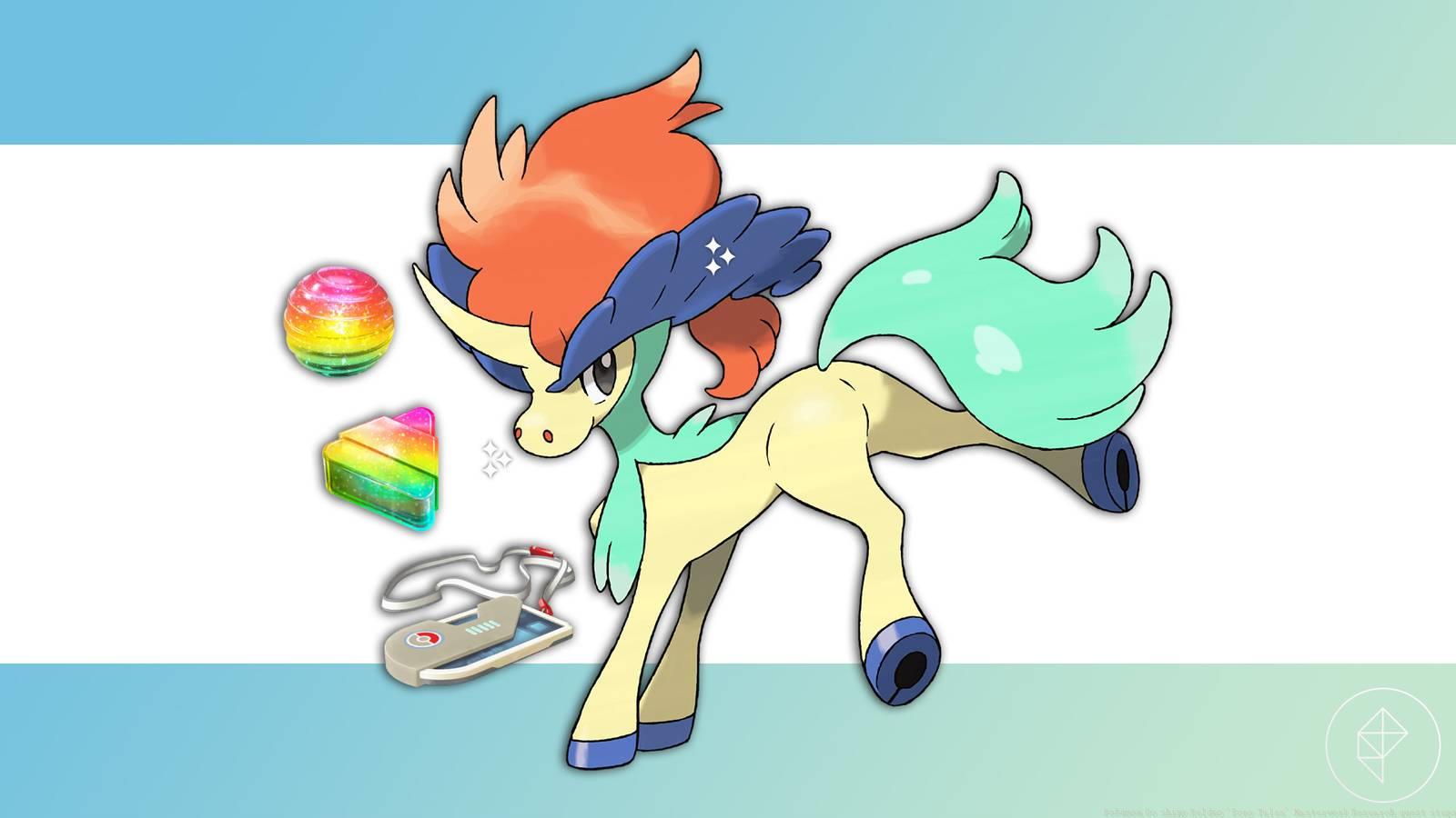 A shiny Keldeo with Rare Candy and a Pokémon Go ticket next to it