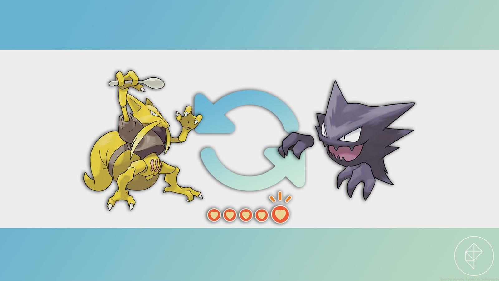 A Kadabra and Haunter with a Forever Friends heart under them and arrows indicating a trade