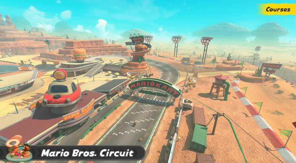 An image of Mario Bros. Circuit in Mario Kart World. It’s set in a desert western land.