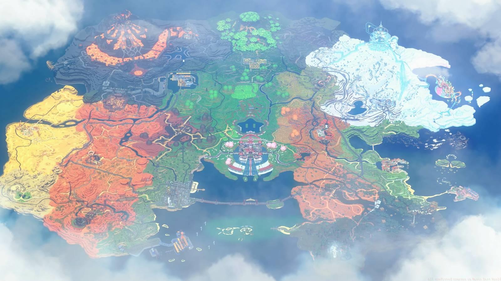 An image showing the larger Mario Kart World map. There are different regions that look like different biomes and environments like a desert land, ice land, and more.