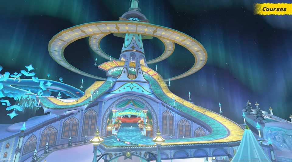 An image of Starview Peak in Mario Kart World. The image shows a giant ice castle against a starry sky.