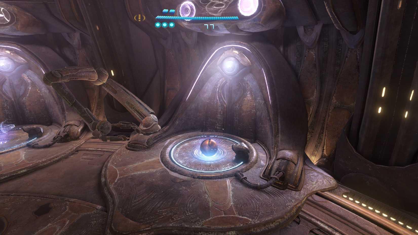 Samus in Metroid Prime 4, using the Morph Ball to bypass an elevator