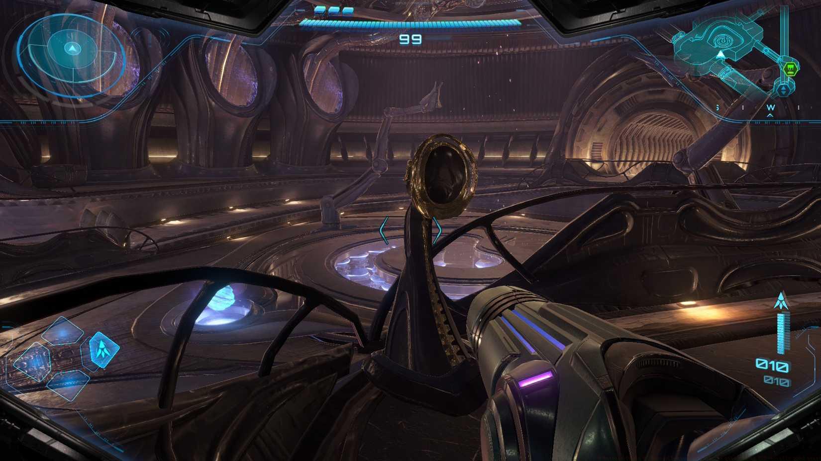 Samus looking at a hidden missile tank expansion under a floor pattern in Metroid Prime 4