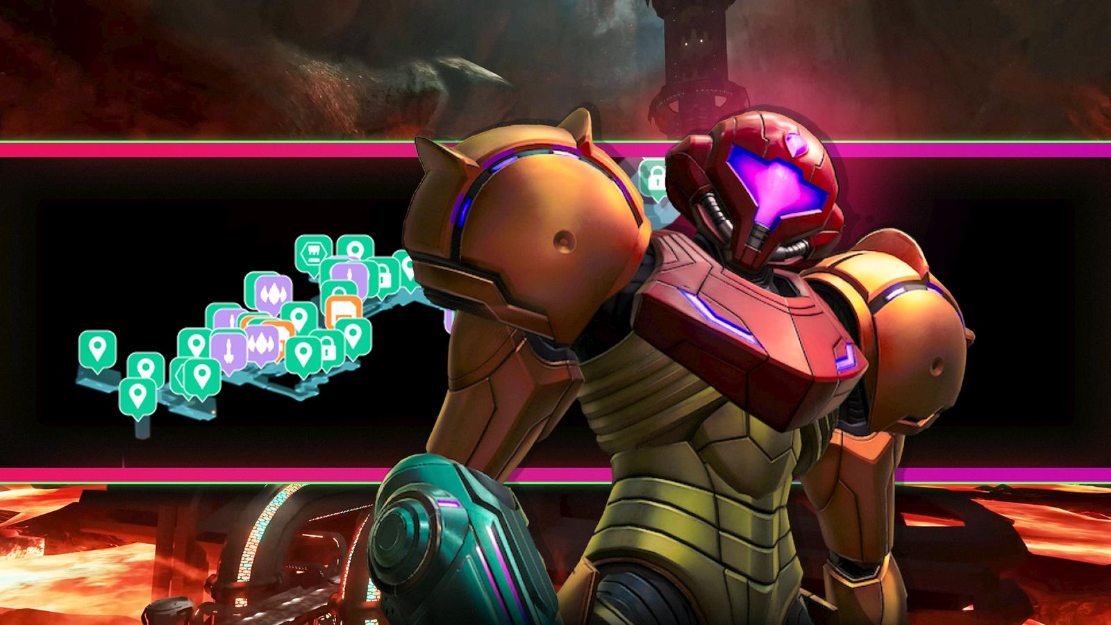 Samus in front of a map of Flare Pool in Metroid Prime 4: Beyond