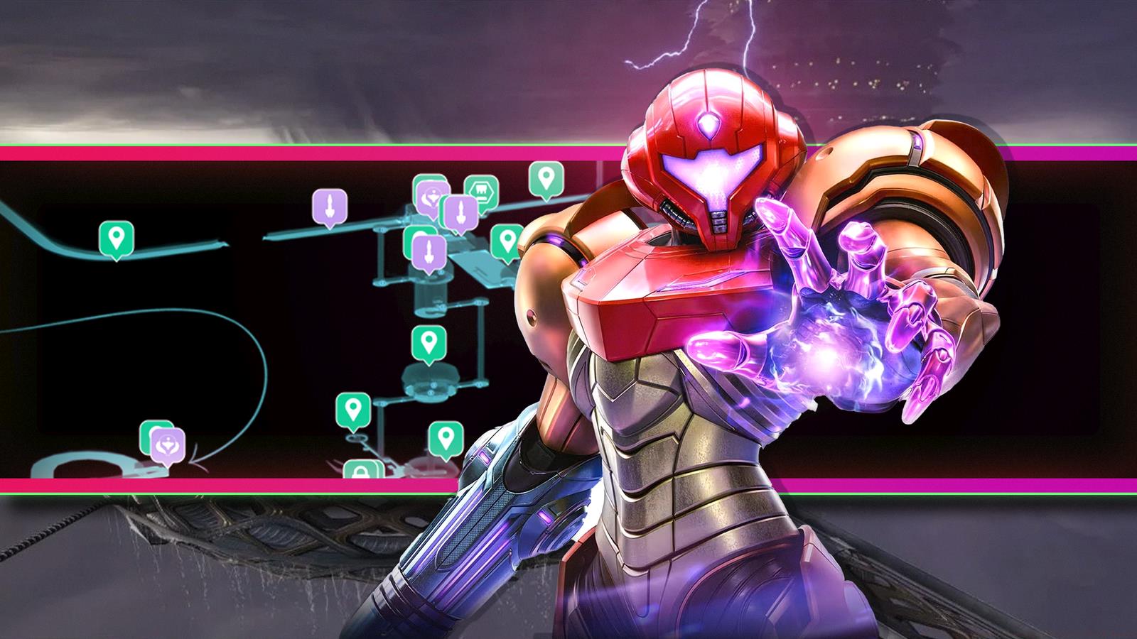 Samus extends her hand over a map in Metroid Prime 4