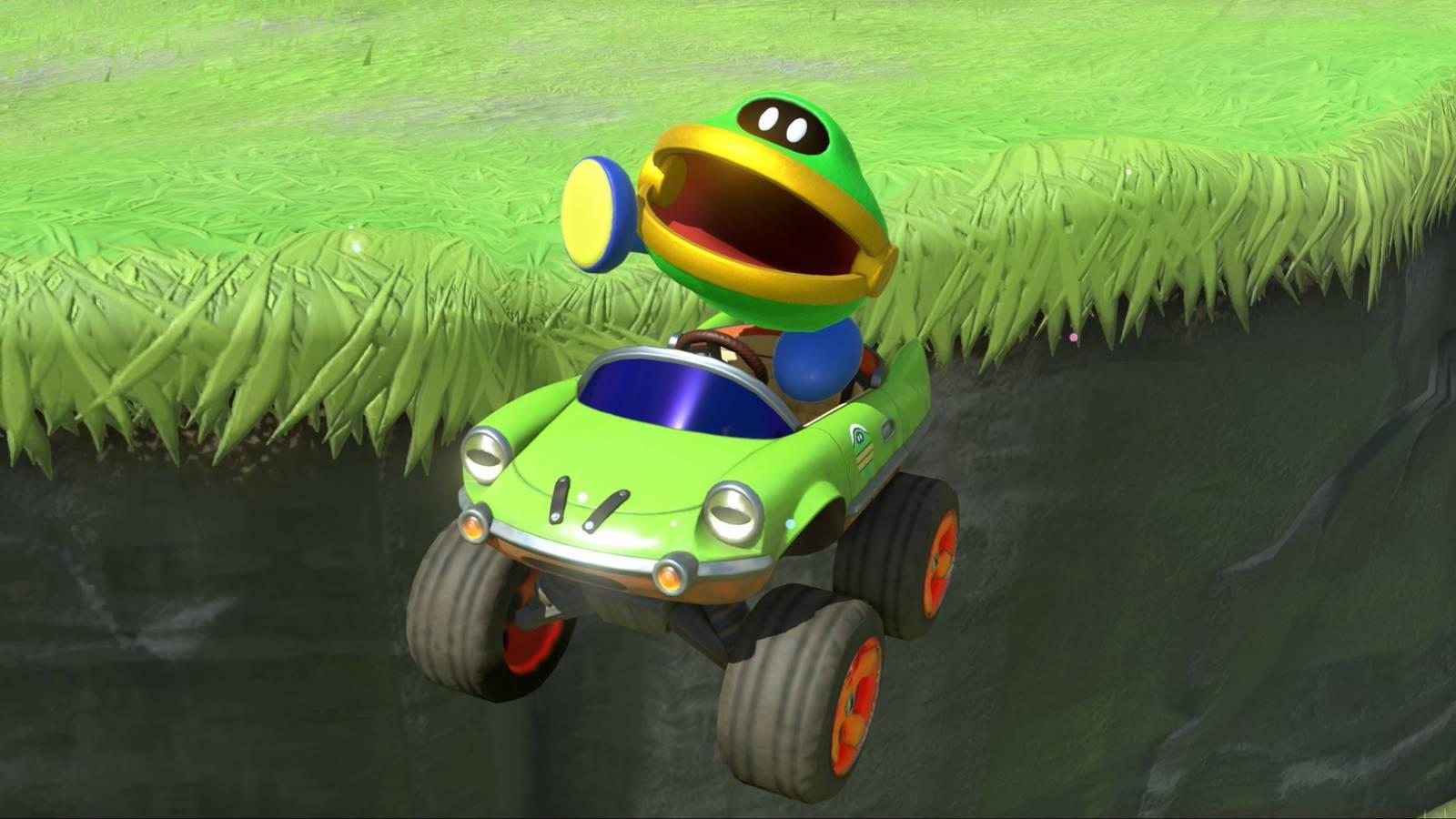 Coin Coffer hits a sick jump off a frog-themed car in Mario Kart World.