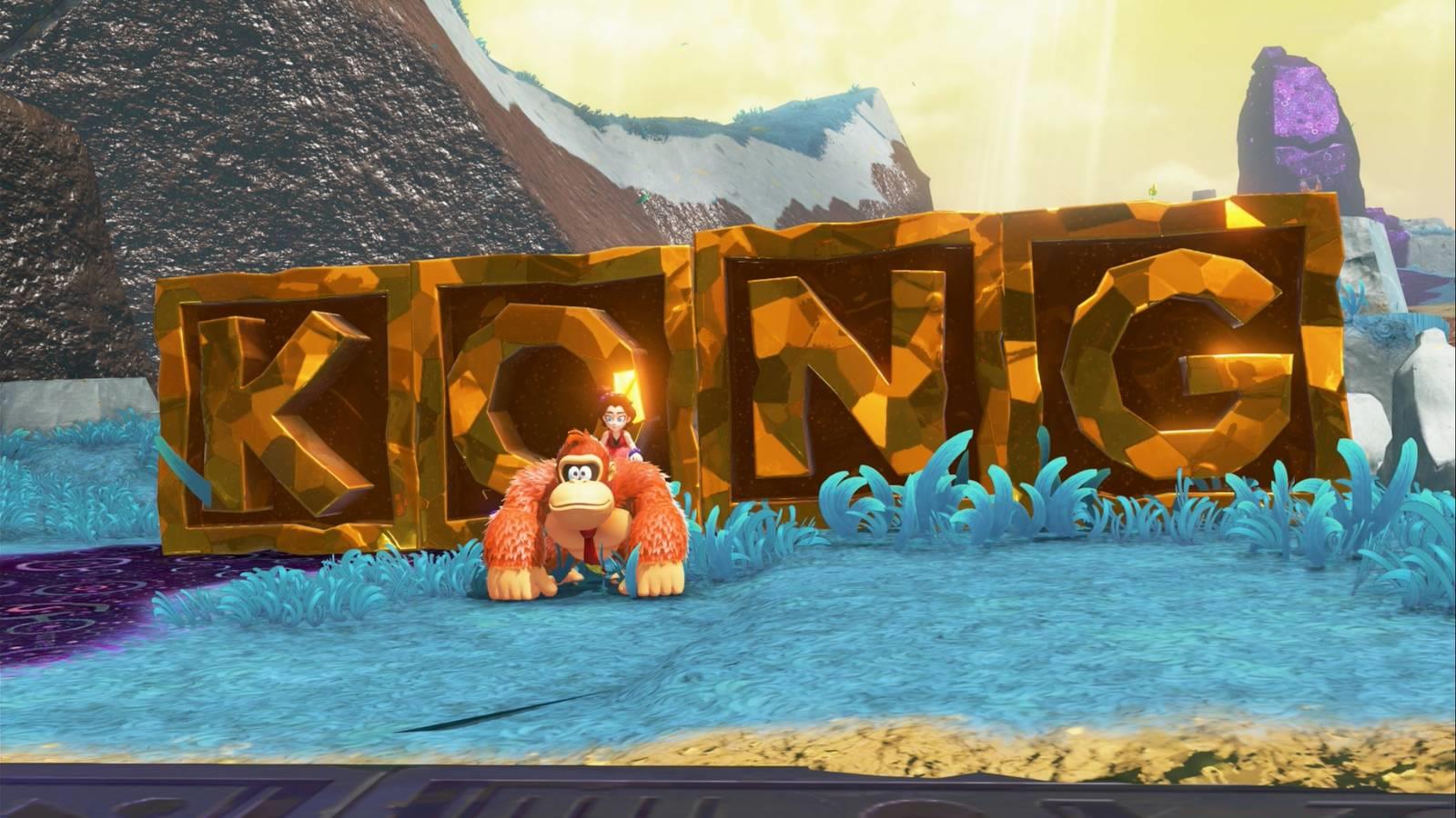 Donkey Kong in front of golden KONG tiles in Donkey Kong Bananza.