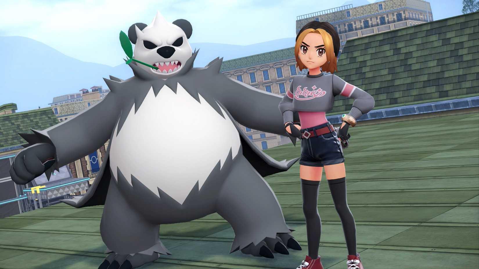 A Pangoro stands menacingly behind a trainer in Pokémon Legends: Z-A.