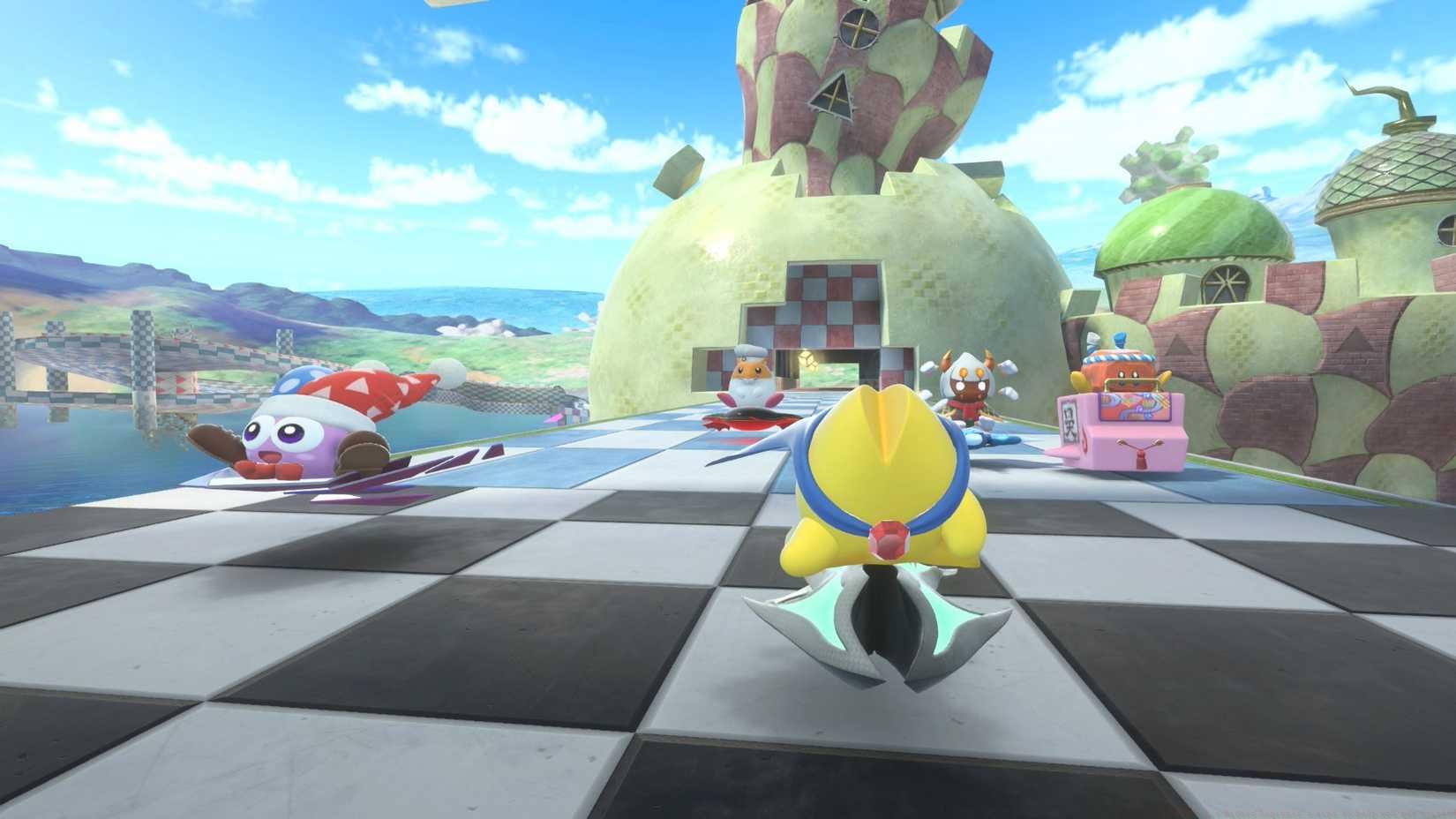 Marx, Rick, Starman, Taranza, and Rocky lined up at the start of a race in Kirby Air Riders.