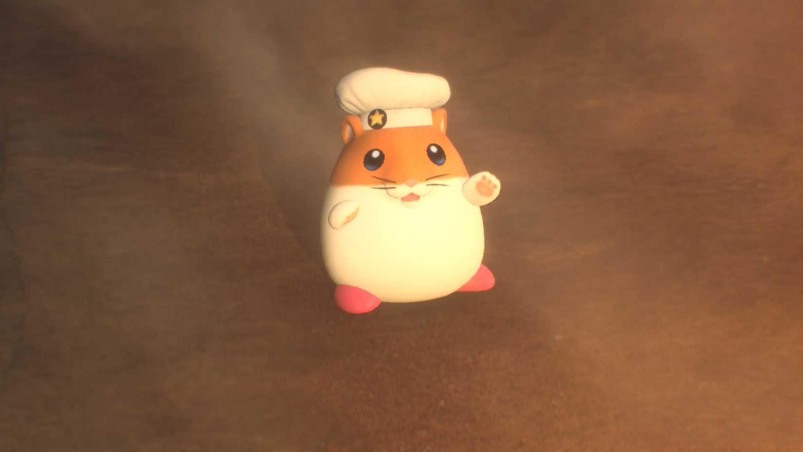 Rick, a hamster wearing a chef's hat, raises its paw in surprise in Kirby Air Riders