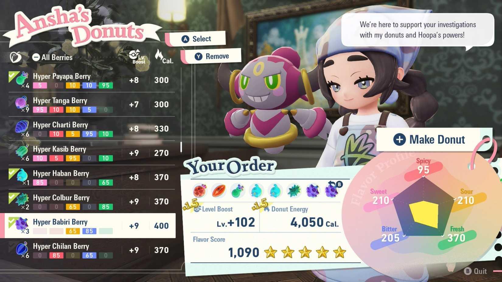 Ansha's donut screen, showing the preparation to make an Alpha donut in Pokémon Legends: Z-A