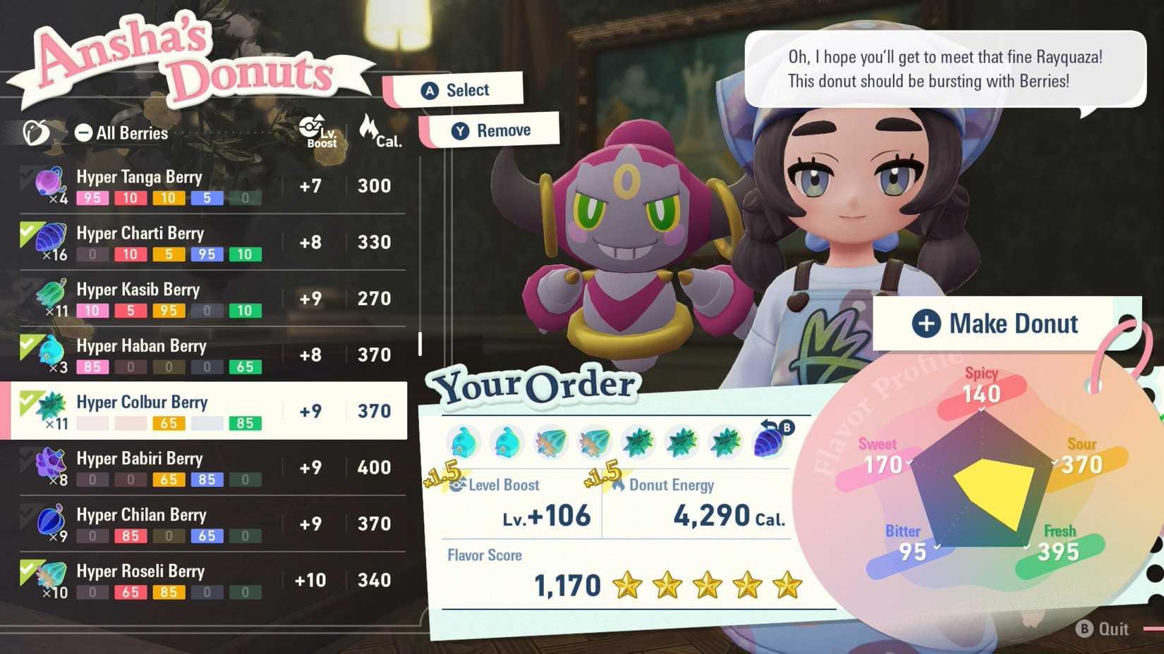 A berry recipe for a Rayquaza donut in Pokémon Legends: Z-A