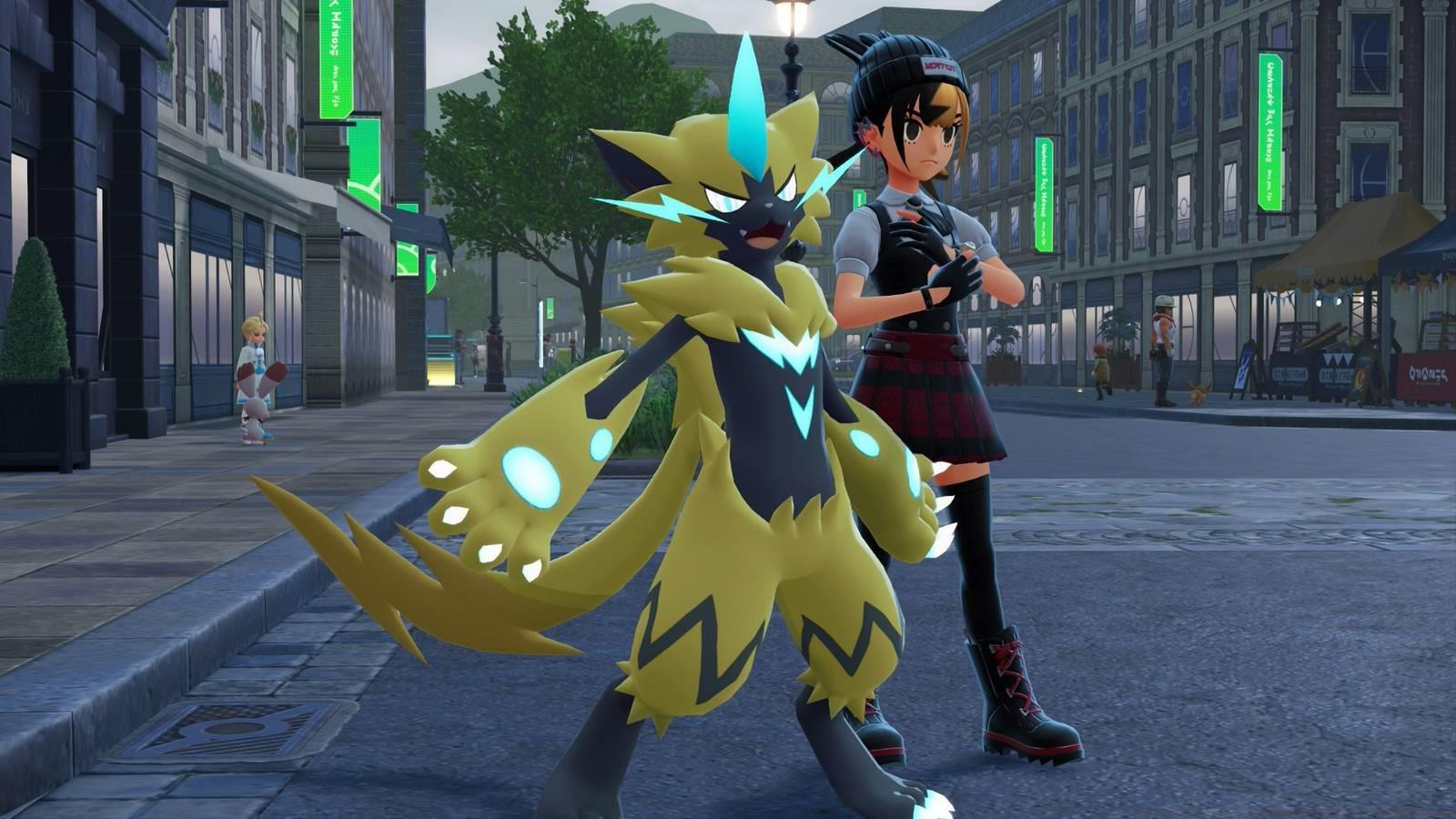 Zeraora poses triumphantly in front of a trainer in Pokémon Legends: Z-A