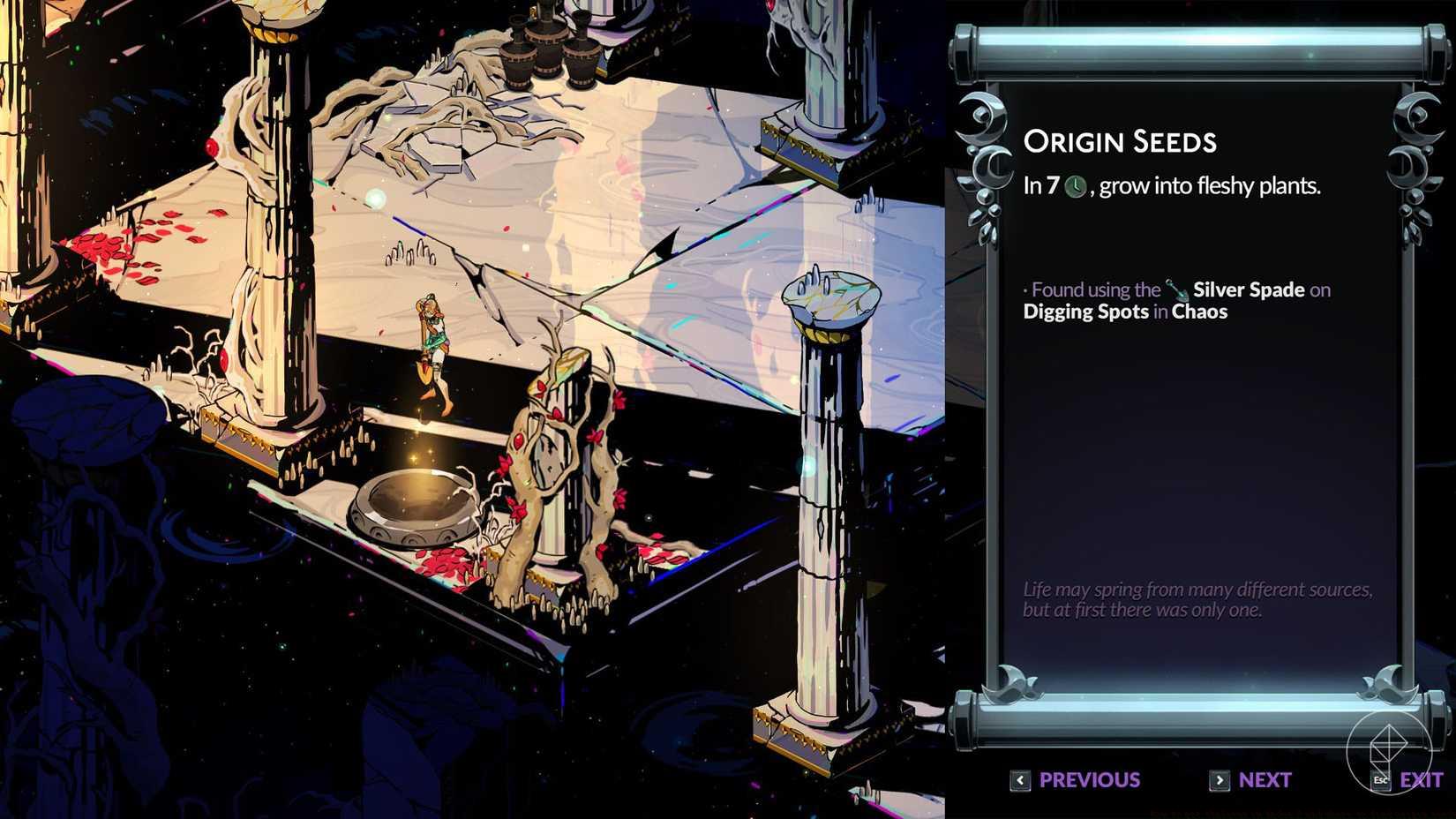 Melinoë digging up origin seeds in Chaos' realm in Hades 2.