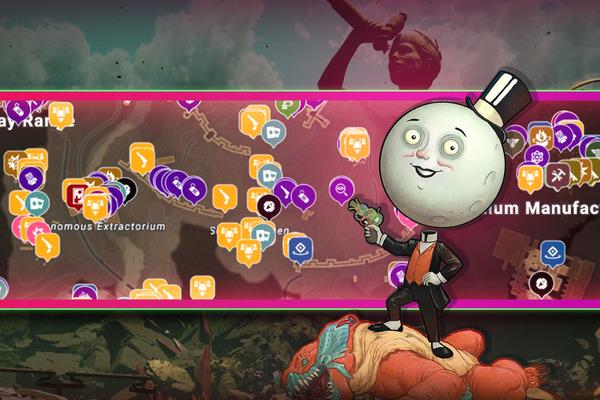 A map of the Golden Ridge area in The Outer Worlds 2 with the moon man in front of it