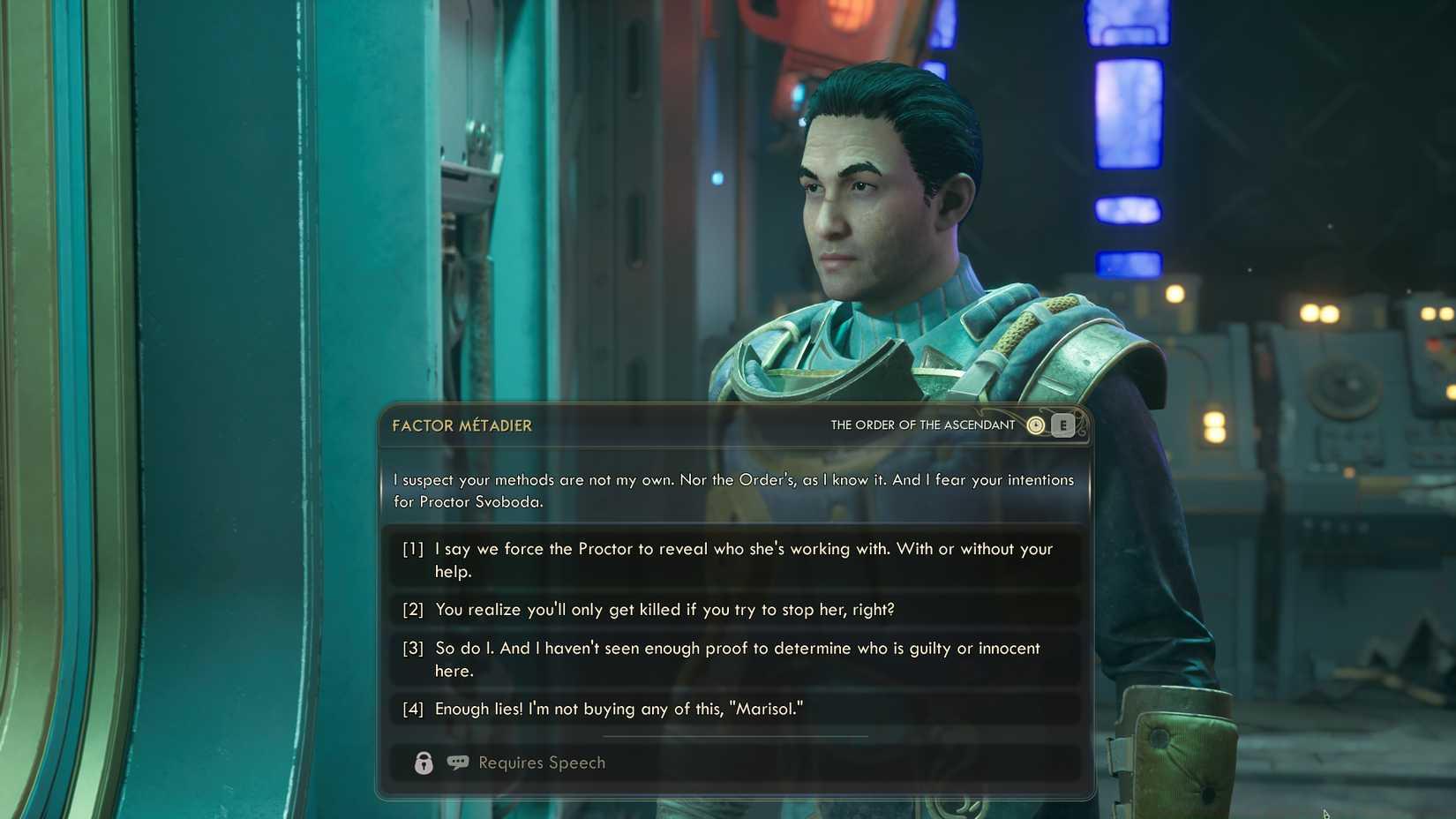 This dialogue screen is where you decide whether to side with Alva or Svoboda in The Outer Worlds 2.