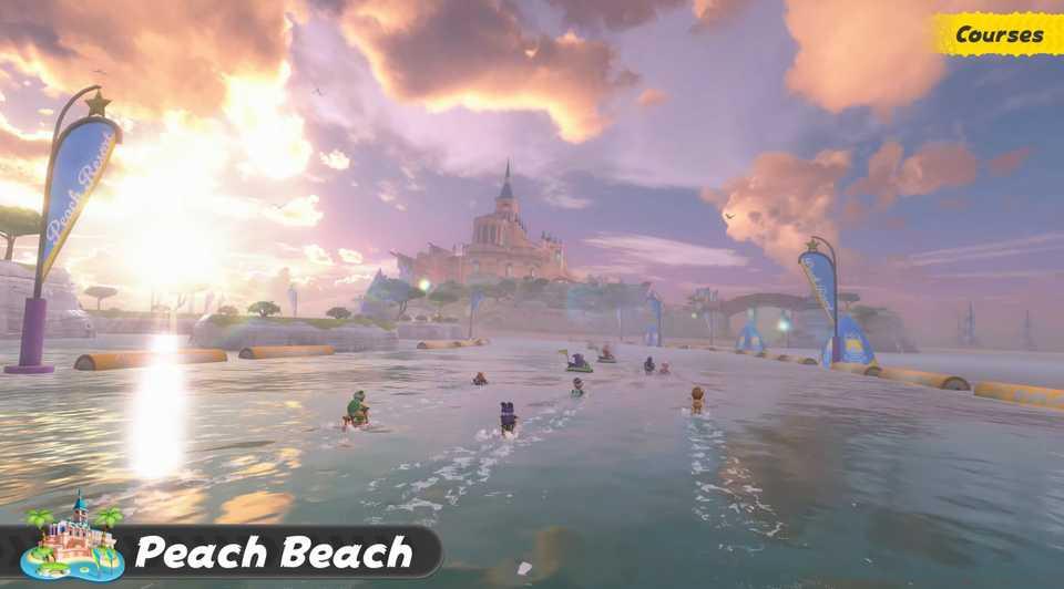 An image of Peach Beach in Mario Kart World. There is pretty lavender-colored sky and blue ocean.