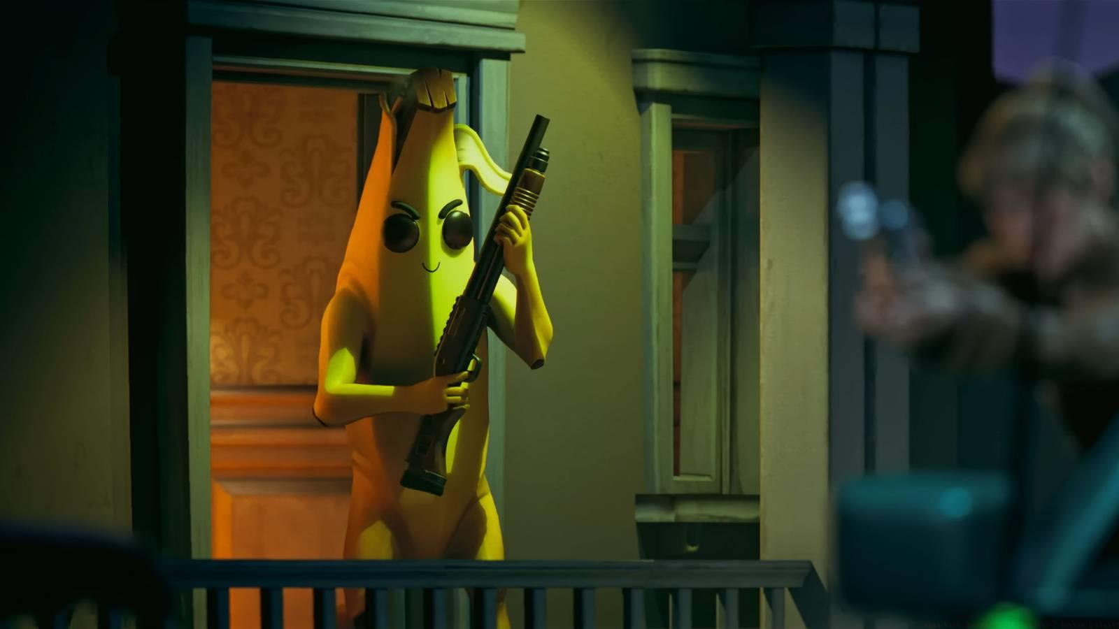 Peely holding a shotgun in the Yuki's Revenge animation.