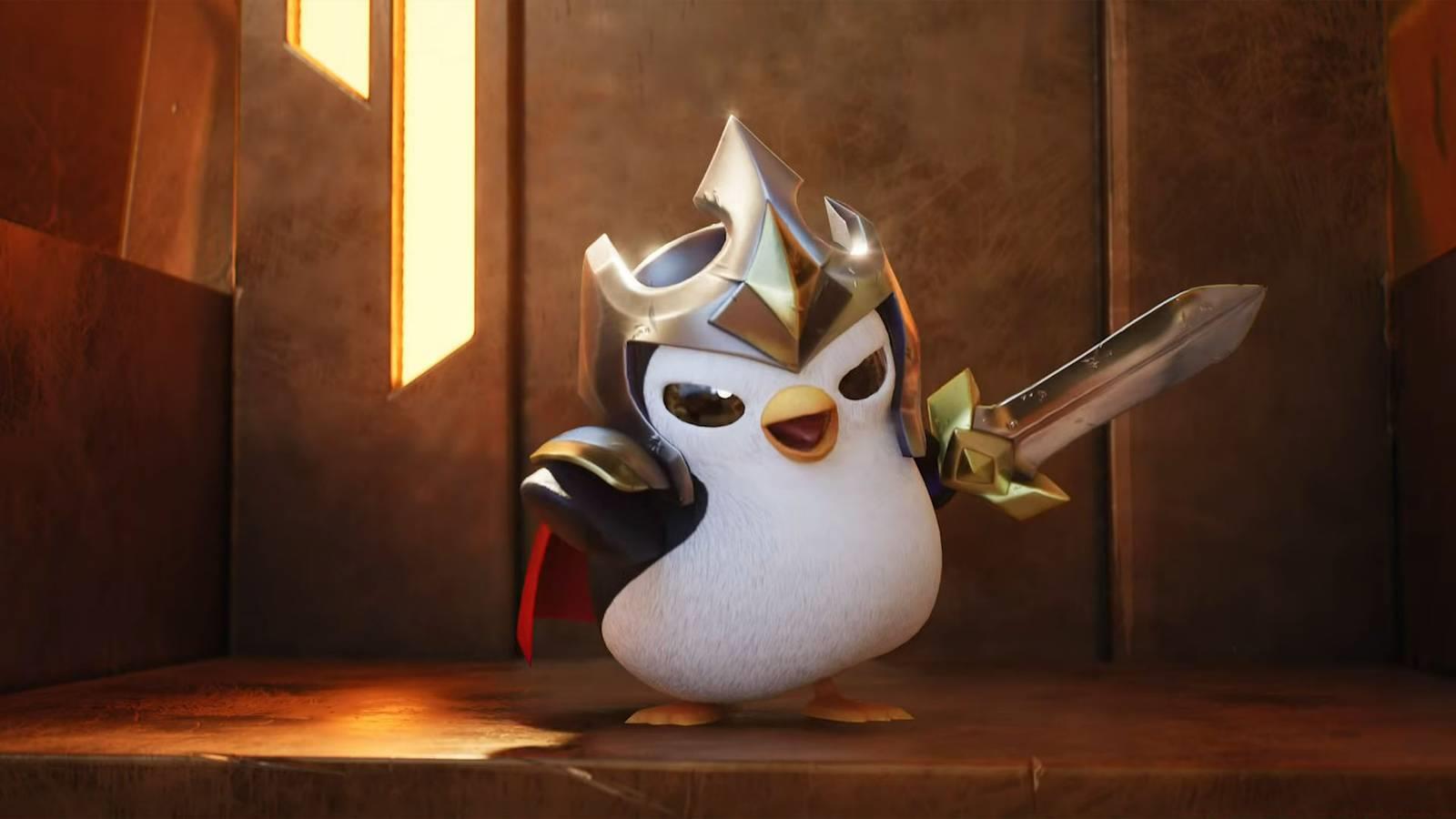 A Pengu knight wearing a crown and holding a sword.