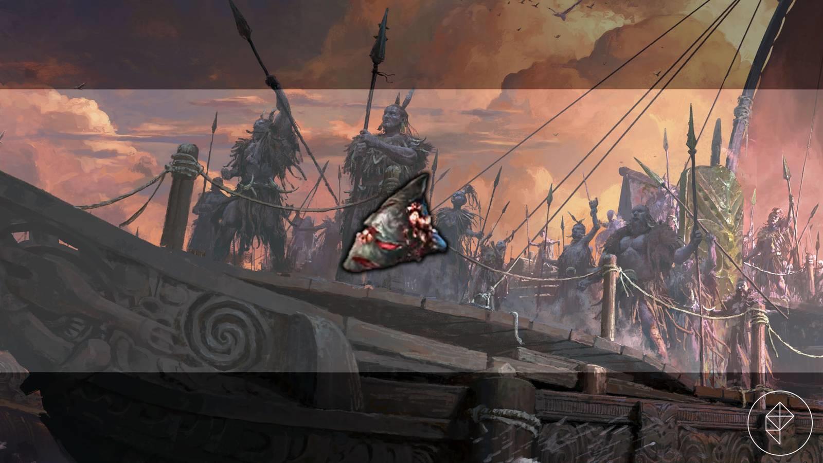 A montage showing the item Shark Fin from Path of Exile 2