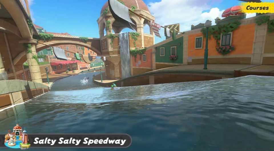An image of Salty Salty Speedway in Mario Kart World. The image shows water canals you can drive through.