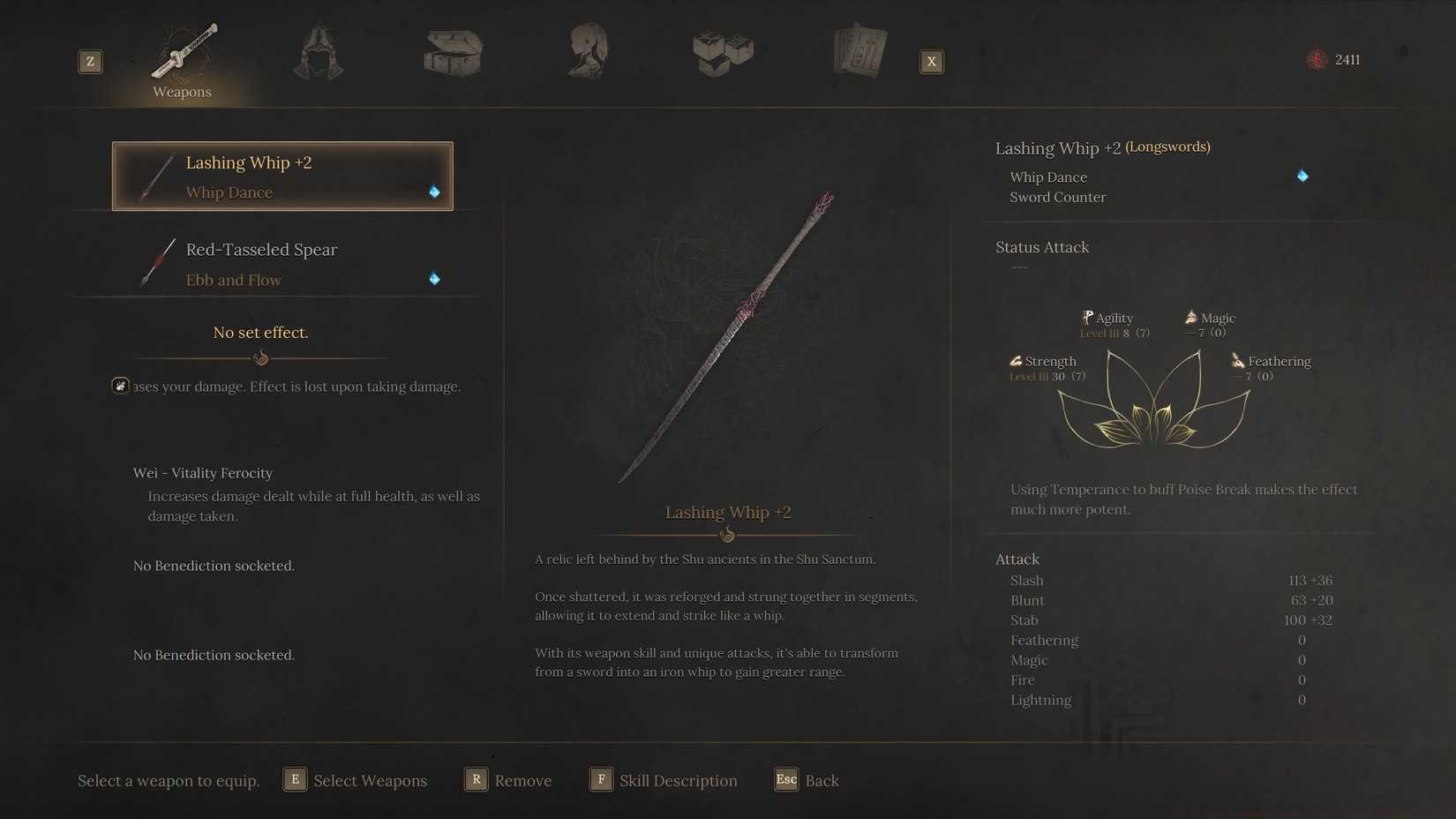 Screenshot of the weapon menu in Wuchang Fallen Feathers