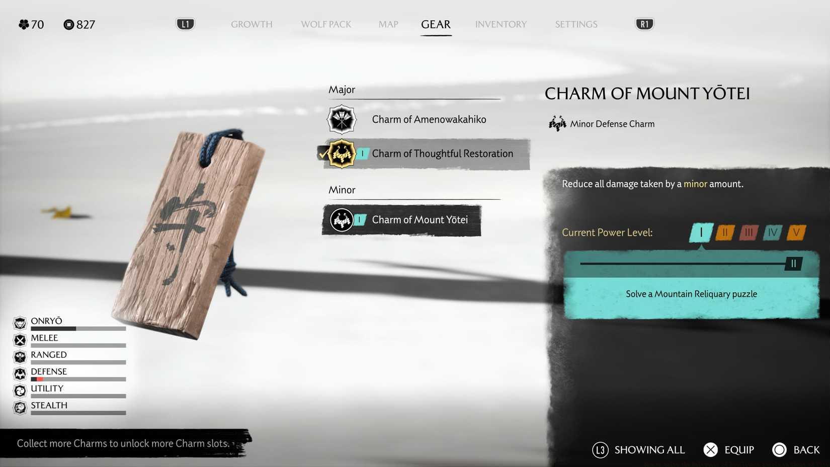 A menu shows the Charm of Mount Yotei reward for the Reliquary of Resilience in Ghost of Yotei