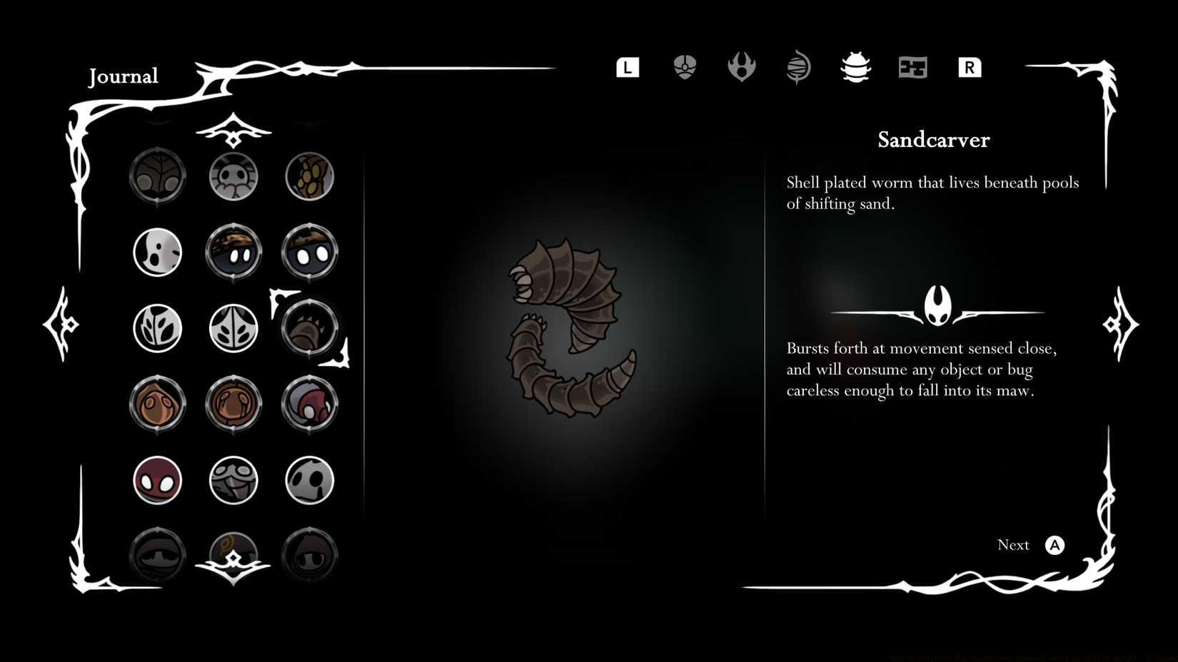 The Sandcarver hunter's log entry in Silksong