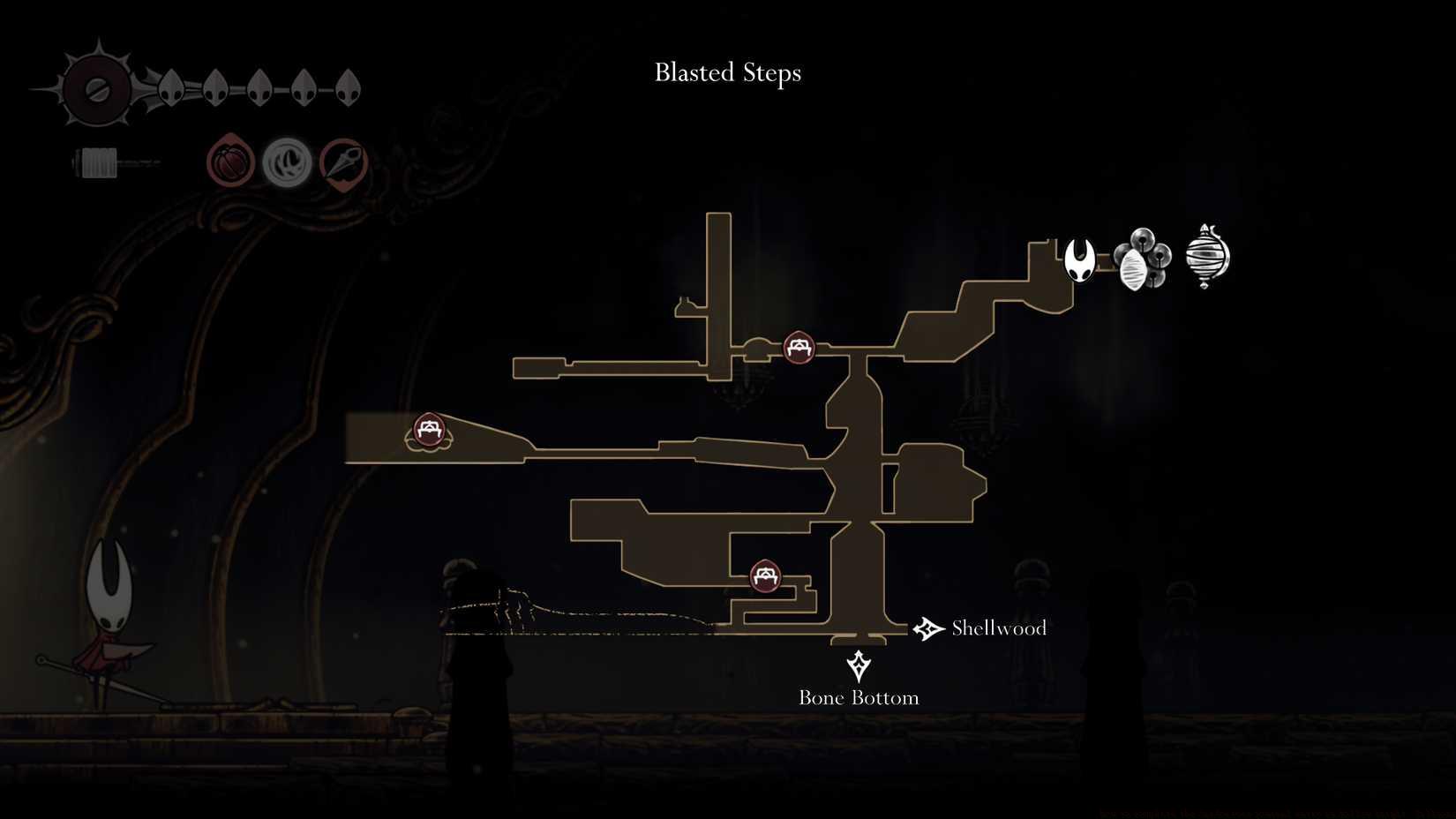 A map showing where to find Sandcarvers in Silksong