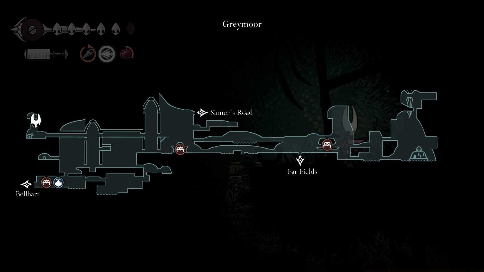 A map showing where to craft the Pimpillo in Silksong